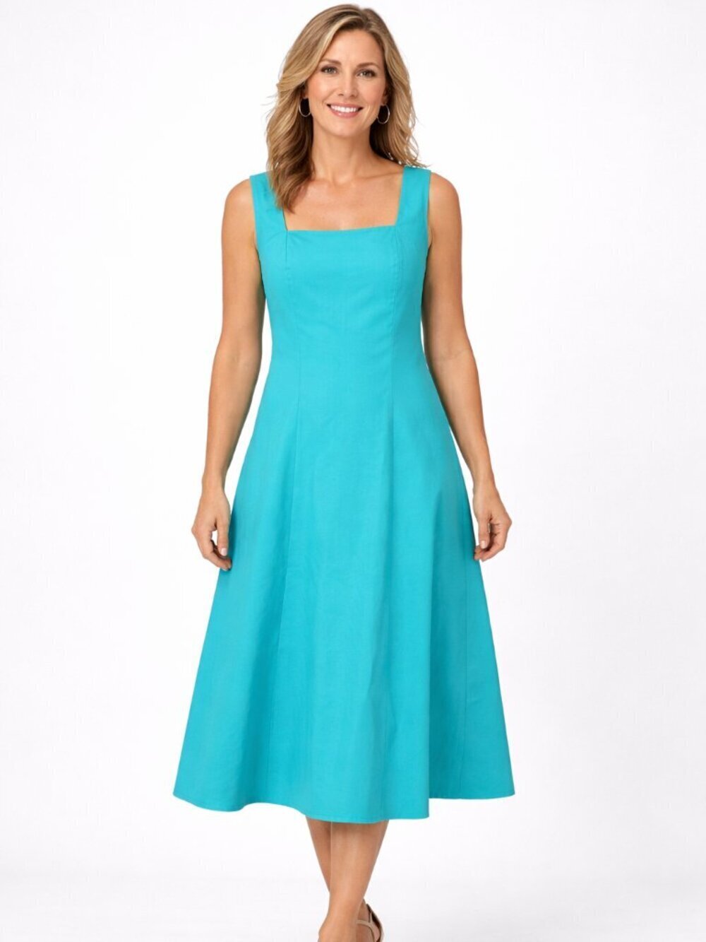 NWT Ming Wang Fit & Flare Midi Dress Size L Square Neck Cotton Blend Turquoise